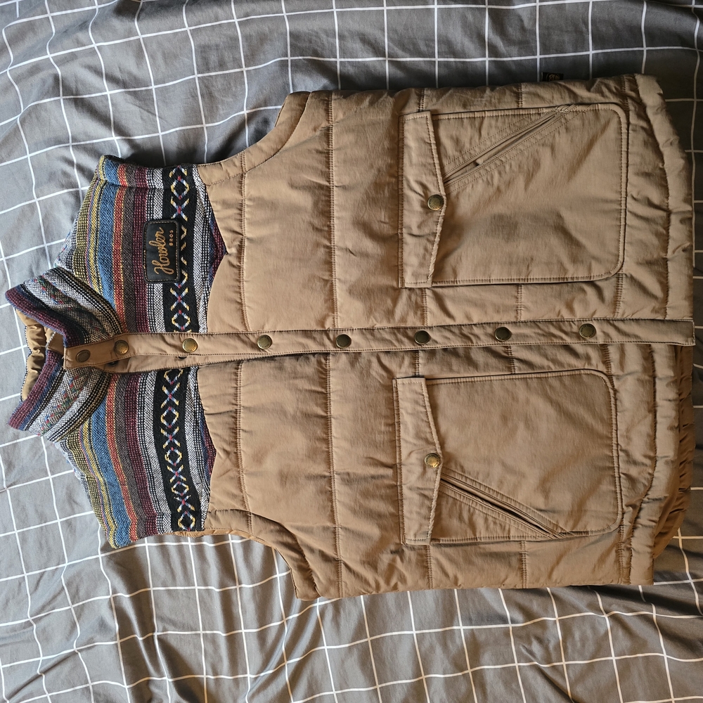 Tan Quilted Vest with Multicolor Knit Collar
